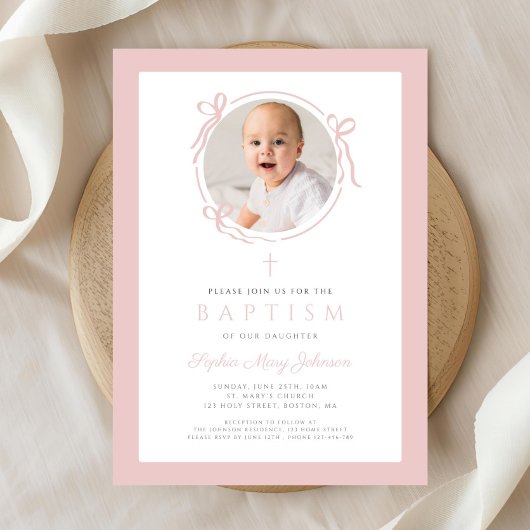 Elegant Blush Pink Bow Photo Baptism 招待状