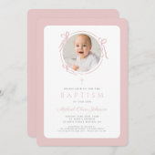 Elegant Blush Pink Bow Photo Girl Baptism 招待状 (正面/裏面)