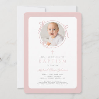 Elegant Blush Pink Bow Photo Girl Baptism 招待状