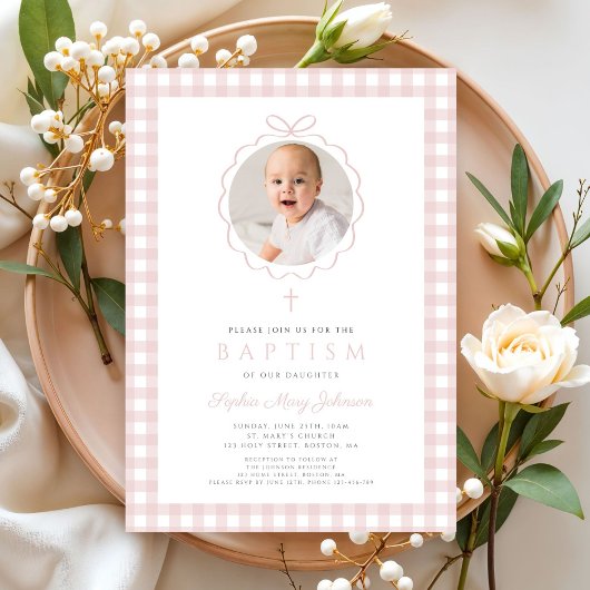 Elegant Blush Pink Bow Photo Girl Baptism 招待状