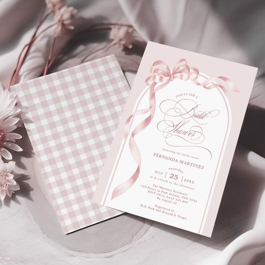 Elegant Blush Pink Bow Ribbon Bridal Shower 招待状