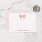 Elegant Blush Pink Bow Watercolor Monogram ノートカード (正面/裏面インサイチュ)