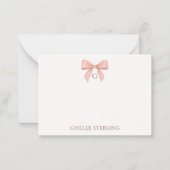 Elegant Blush Pink Bow Watercolor Monogram ノートカード (正面)