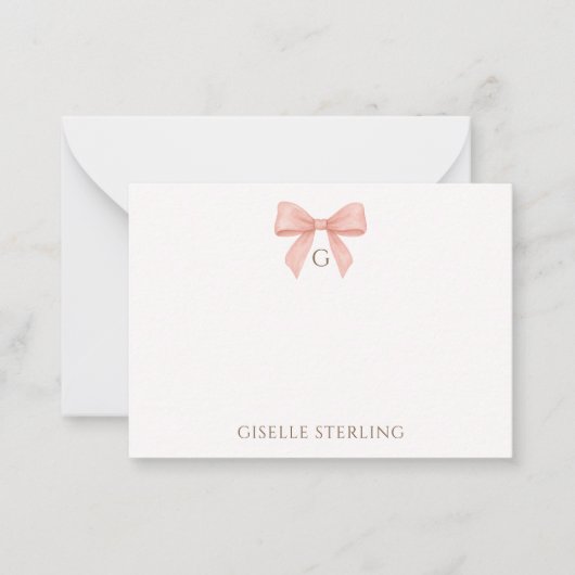 Elegant Blush Pink Bow Watercolor Monogram ノートカード (正面)