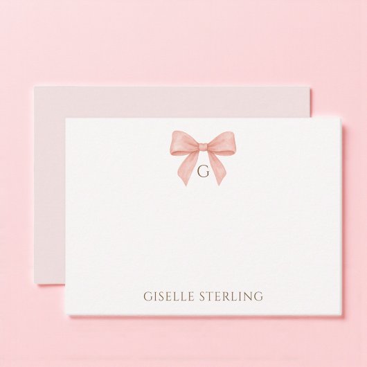 Elegant Blush Pink Bow Watercolor Monogram ノートカード