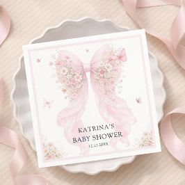 Elegant Blush Pink Bow Wildflower Baby Shower スタンダードカクテルナプキン