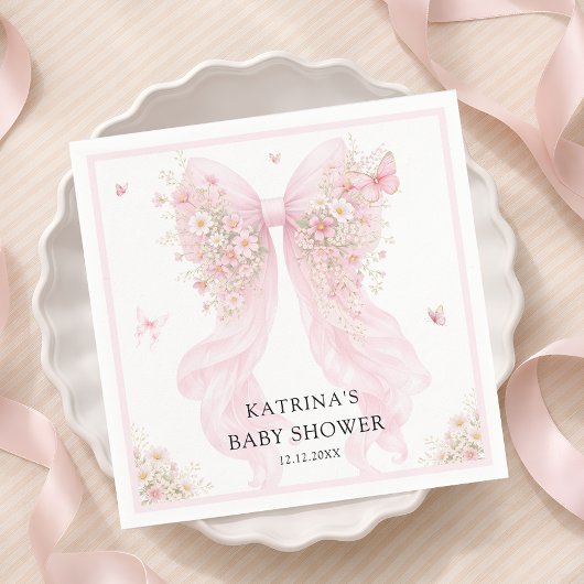 Elegant Blush Pink Bow Wildflower Baby Shower スタンダードカクテルナプキン