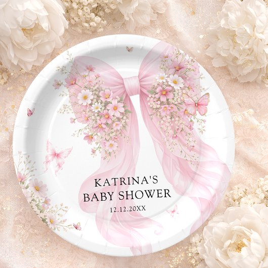 Elegant Blush Pink Bow Wildflower Baby Shower ペーパープレート
