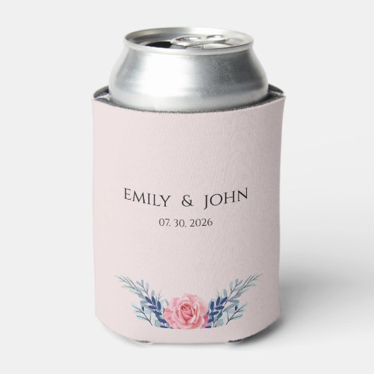 Elegant Blush Pink Dusty Blue Floral wedding Can c 缶クーラー (缶正面)