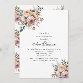 Elegant Blush Pink Floral Brunch and Bubbly 招待状