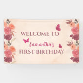 Elegant Blush Pink Floral Butterrfly 1st Birthday  横断幕 (横)