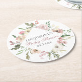 Elegant Blush Pink Floral Custom Baby Shower ラウンドペーパーコースター (アングル)