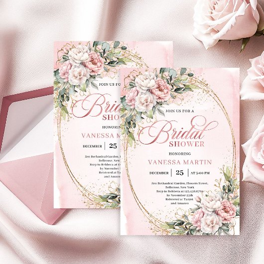 Elegant Blush Pink Floral Eucalyptus Bridal Shower 招待状