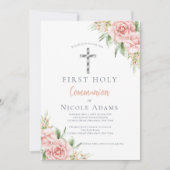 Elegant Blush Pink Floral First Holy Communion 招待状 (正面)