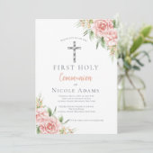 Elegant Blush Pink Floral First Holy Communion 招待状 (スタンド正面)