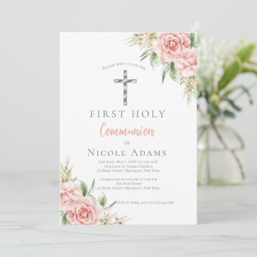Elegant Blush Pink Floral First Holy Communion 招待状 (スタンド正面)