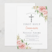 Elegant Blush Pink Floral First Holy Communion 招待状 (正面/裏面)