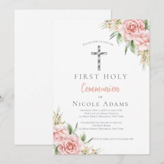 Elegant Blush Pink Floral First Holy Communion 招待状 (正面/裏面)