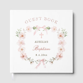 Elegant Blush Pink Floral Frame Baptism ゲストブック