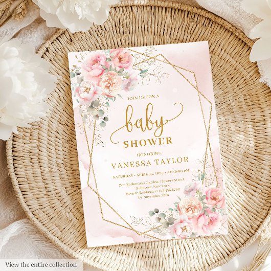 Elegant blush pink floral girl baby shower invites 招待状