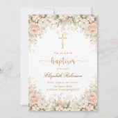Elegant Blush Pink Floral Gold Cross Baptism 招待状 (正面)