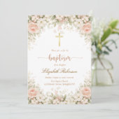 Elegant Blush Pink Floral Gold Cross Baptism 招待状 (スタンド正面)