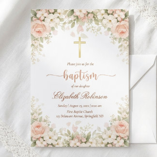 Elegant Blush Pink Floral Gold Cross Baptism 招待状