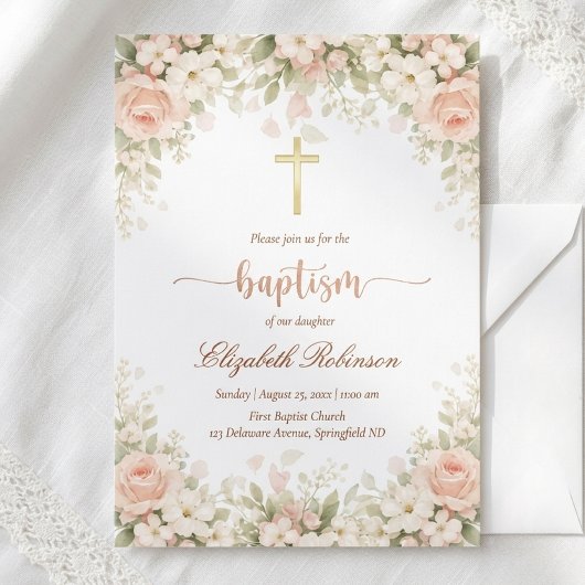 Elegant Blush Pink Floral Gold Cross Baptism 招待状