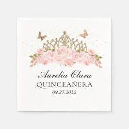 Elegant Blush Pink Floral Gold Tiara Quinceanera スタンダードカクテルナプキン