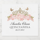 Elegant Blush Pink Floral Gold Tiara Quinceanera スパークリングワインラベル (シングルラベル)