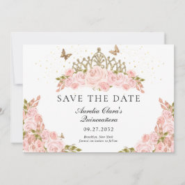 Elegant Blush Pink Floral Gold Tiara Quinceanera セーブザデート