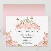 Elegant Blush Pink Floral Gold Tiara Quinceanera セーブザデート (正面/裏面)