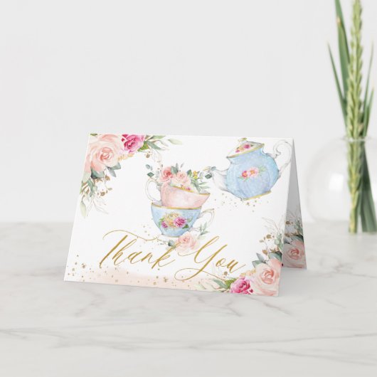 Elegant Blush Pink Floral High Tea Party Birthday サンキューカード (正面)