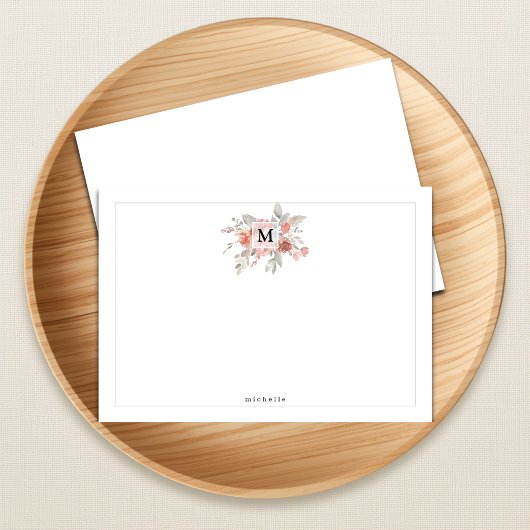 Elegant Blush Pink Floral Monogram Note Card ノートカード