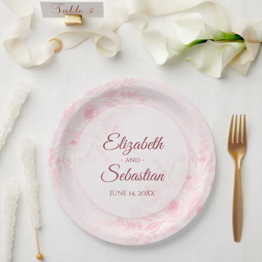 Elegant Blush Pink Floral Simple Boho Chic Wedding ペーパープレート (ウェディング)