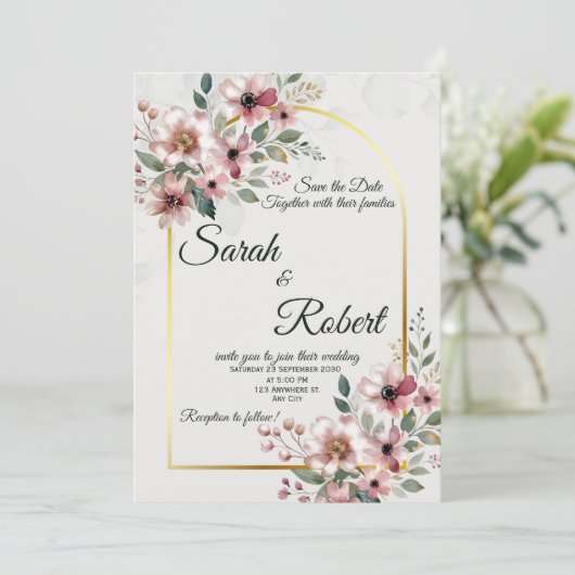 Elegant Blush Pink Floral Wedding Invitation 招待状 (スタンド正面)