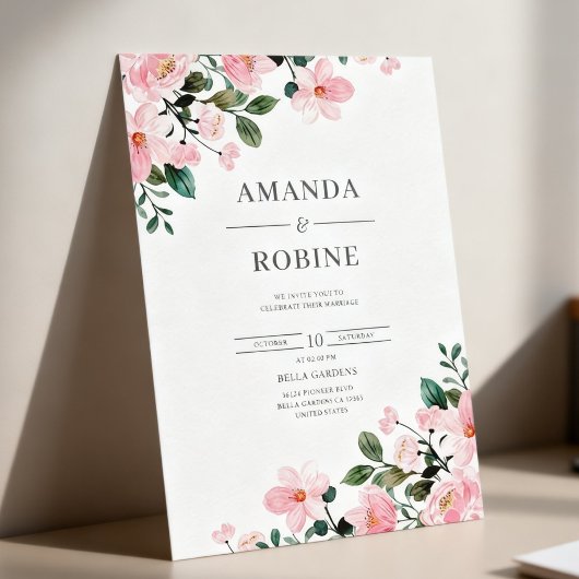Elegant Blush Pink Floral Wedding Invitation 招待状