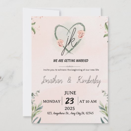 Elegant Blush Pink Floral Wedding Invite 招待状 (正面)