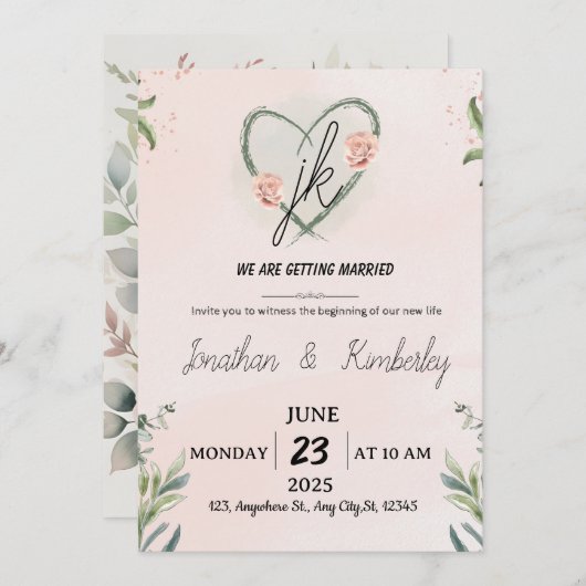 Elegant Blush Pink Floral Wedding Invite 招待状 (正面/裏面)