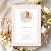 Elegant Blush Pink Gingham Photo Girl Baptism 招待状