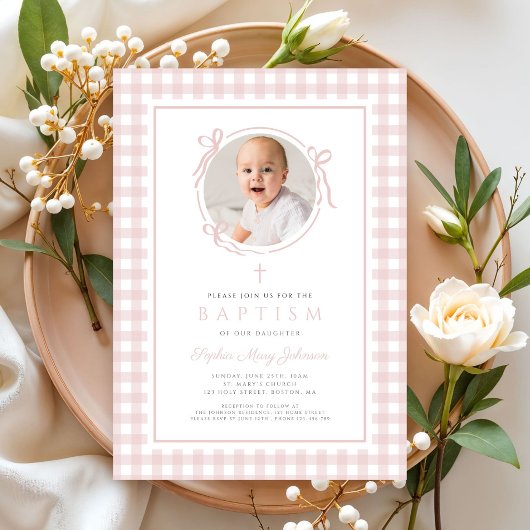 Elegant Blush Pink Gingham Photo Girl Baptism 招待状