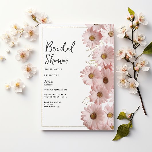 Elegant blush pink gold daisy floral Bridal Shower 招待状