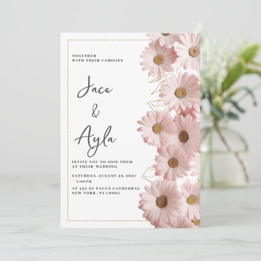 Elegant blush pink gold daisy floral Wedding 招待状 (スタンド正面)