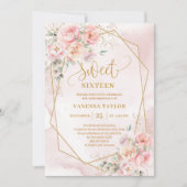 Elegant Blush Pink Gold Floral Sweet 16 Invitation 招待状 (正面)