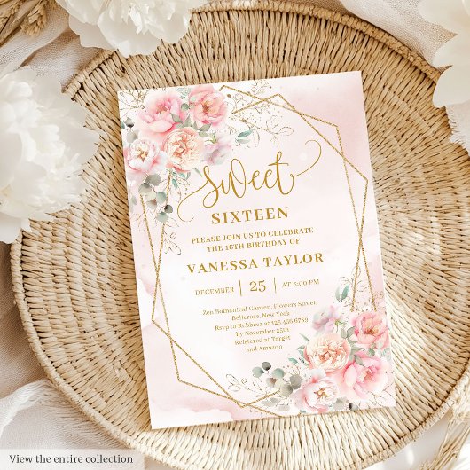 Elegant Blush Pink Gold Floral Sweet 16 Invitation 招待状