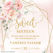 Elegant Blush Pink Gold Floral Sweet 16 Invitation 招待状