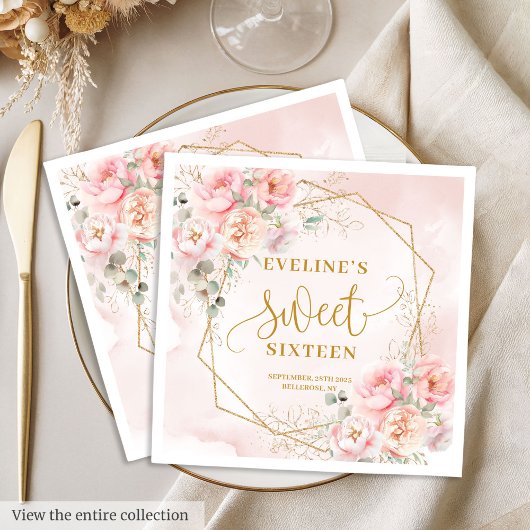 Elegant Blush Pink Gold Floral Sweet 16 Party  スタンダードランチョンナプキン