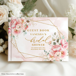 Elegant Blush Pink Gold Frame Floral Bridal Shower ゲストブック