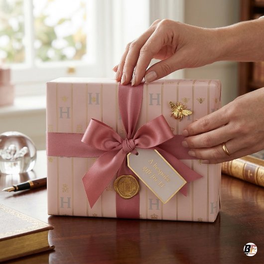 Elegant Blush Pink & Gold Pinstripe Initial H Mono ラッピングペーパー