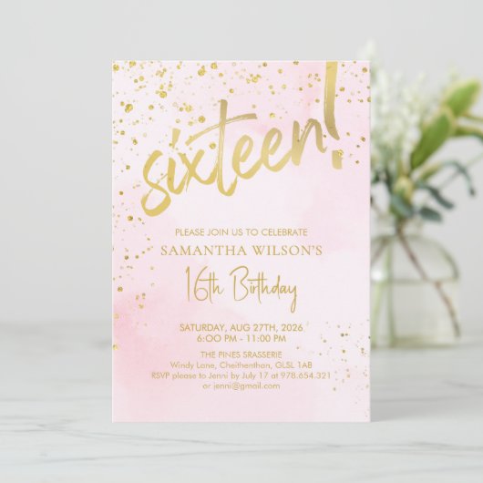 Elegant Blush Pink & Gold Sixteen Birthday 招待状 (スタンド正面)